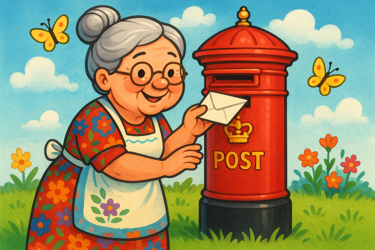 cartoon grandmother opening a letter box whilst smiling, have the image nice and colorful 