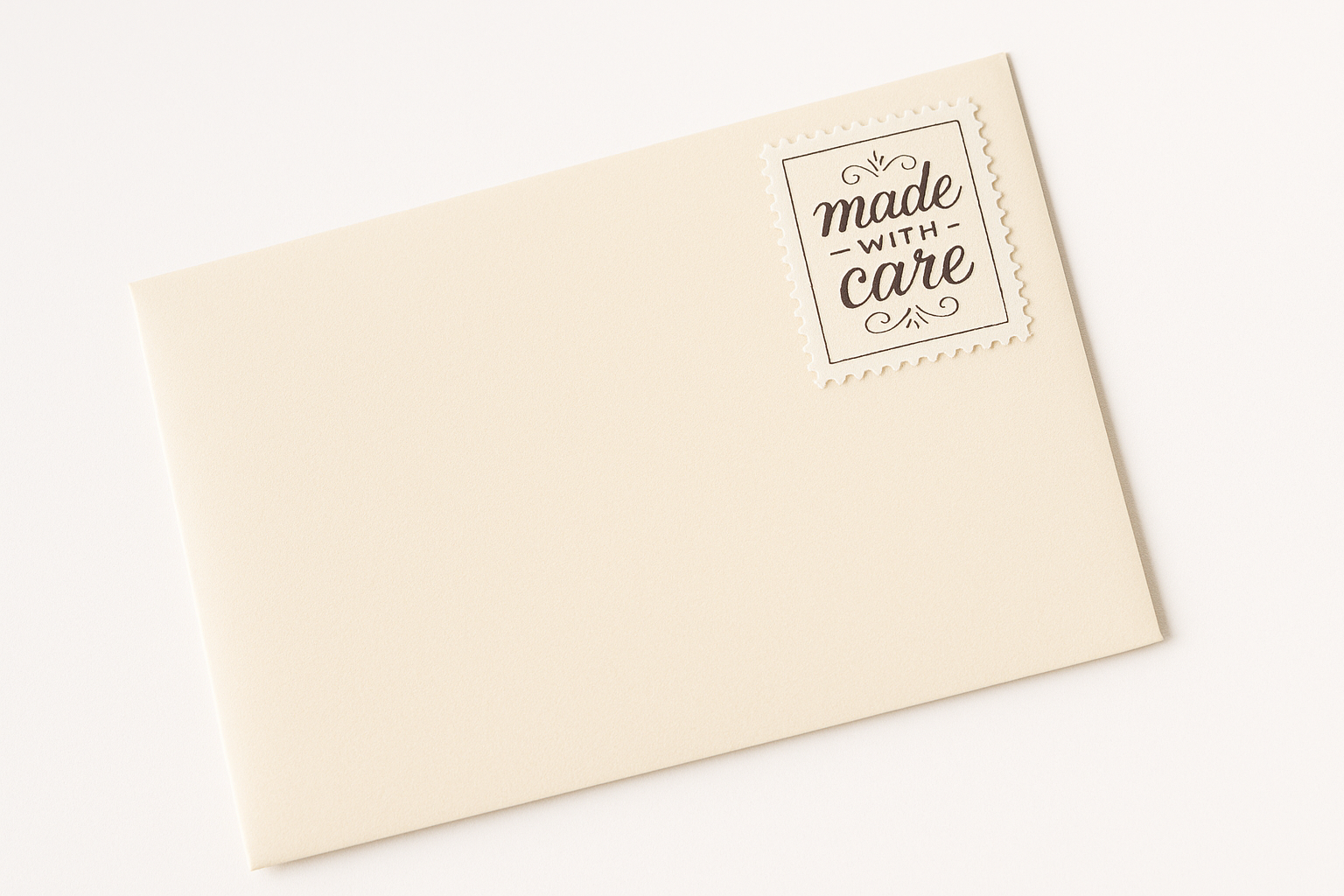 create an image of an envelope stamped to say "made with care" with a white background